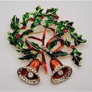 Holly Leaves and Bells Christmas Brooch Enamel & Rhinestones Gold Tone Metal
